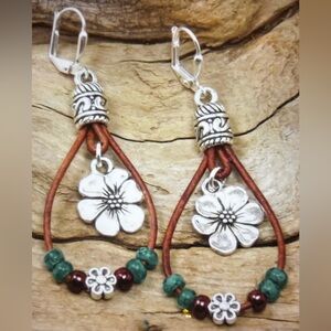 Silvery Western Leather Beaded Floral Earrings